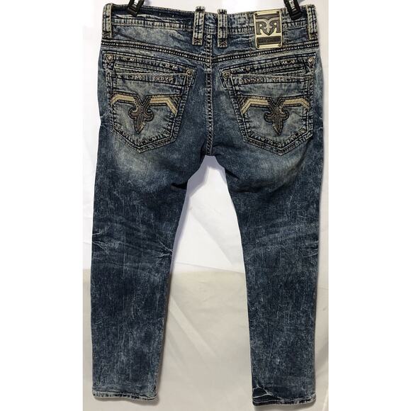 Rock & Revival Wales Straight Mens Blue Jeans Distressed Denim Embroidered 38x31 - Picture 8 of 13